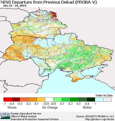 Ukraine, Moldova and Belarus NDVI Departure from Previous Dekad (PROBA-V) Thematic Map For 10/21/2019 - 10/31/2019
