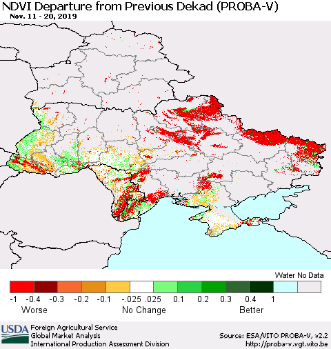 Ukraine, Moldova and Belarus NDVI Departure from Previous Dekad (PROBA-V) Thematic Map For 11/11/2019 - 11/20/2019