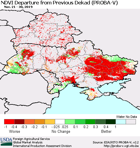 Ukraine, Moldova and Belarus NDVI Departure from Previous Dekad (PROBA-V) Thematic Map For 11/21/2019 - 11/30/2019