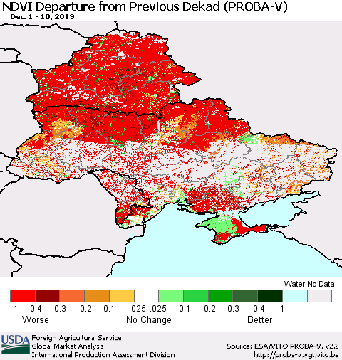Ukraine, Moldova and Belarus NDVI Departure from Previous Dekad (PROBA-V) Thematic Map For 12/1/2019 - 12/10/2019