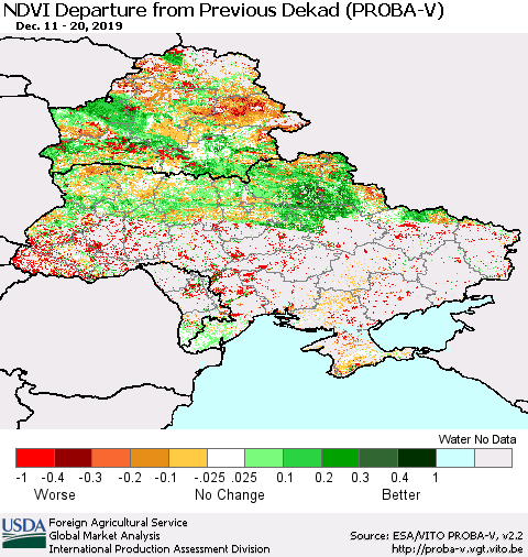 Ukraine, Moldova and Belarus NDVI Departure from Previous Dekad (PROBA-V) Thematic Map For 12/11/2019 - 12/20/2019