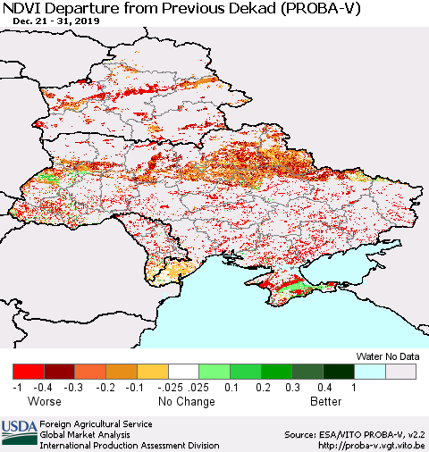 Ukraine, Moldova and Belarus NDVI Departure from Previous Dekad (PROBA-V) Thematic Map For 12/21/2019 - 12/31/2019