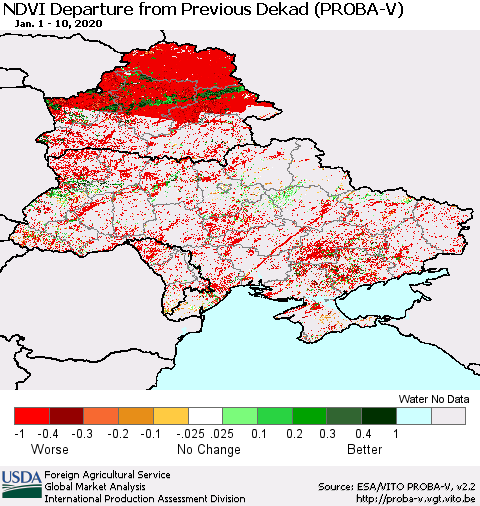 Ukraine, Moldova and Belarus NDVI Departure from Previous Dekad (PROBA-V) Thematic Map For 1/1/2020 - 1/10/2020