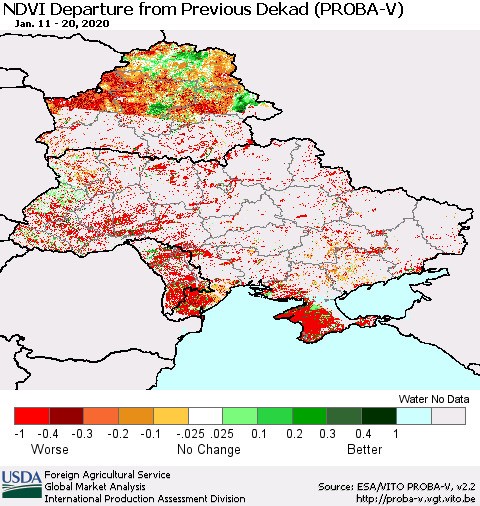 Ukraine, Moldova and Belarus NDVI Departure from Previous Dekad (PROBA-V) Thematic Map For 1/11/2020 - 1/20/2020