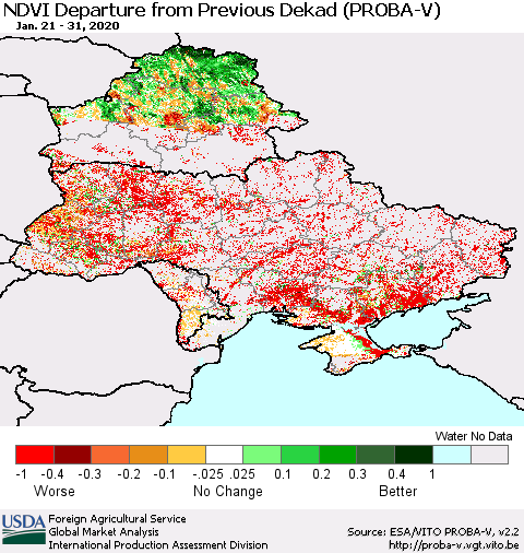 Ukraine, Moldova and Belarus NDVI Departure from Previous Dekad (PROBA-V) Thematic Map For 1/21/2020 - 1/31/2020