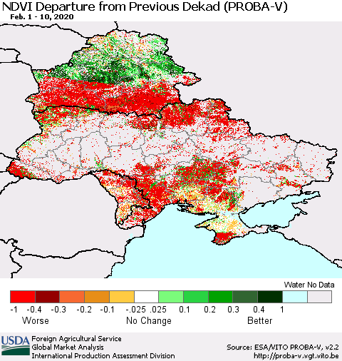Ukraine, Moldova and Belarus NDVI Departure from Previous Dekad (PROBA-V) Thematic Map For 2/1/2020 - 2/10/2020