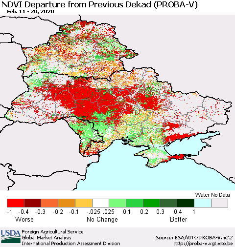 Ukraine, Moldova and Belarus NDVI Departure from Previous Dekad (PROBA-V) Thematic Map For 2/11/2020 - 2/20/2020