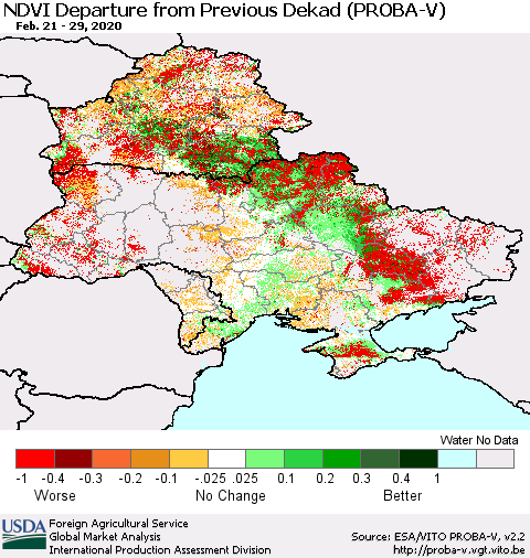 Ukraine, Moldova and Belarus NDVI Departure from Previous Dekad (PROBA-V) Thematic Map For 2/21/2020 - 2/29/2020