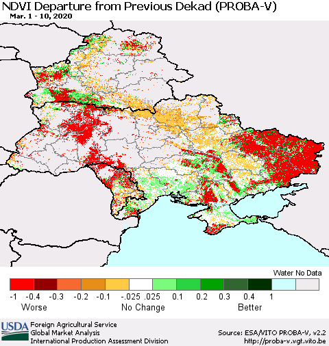 Ukraine, Moldova and Belarus NDVI Departure from Previous Dekad (PROBA-V) Thematic Map For 3/1/2020 - 3/10/2020