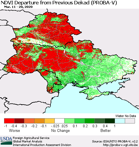 Ukraine, Moldova and Belarus NDVI Departure from Previous Dekad (PROBA-V) Thematic Map For 3/11/2020 - 3/20/2020