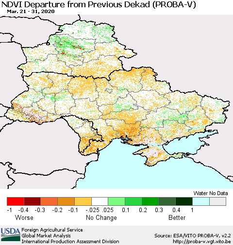 Ukraine, Moldova and Belarus NDVI Departure from Previous Dekad (PROBA-V) Thematic Map For 3/21/2020 - 3/31/2020