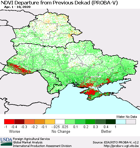 Ukraine, Moldova and Belarus NDVI Departure from Previous Dekad (PROBA-V) Thematic Map For 4/1/2020 - 4/10/2020
