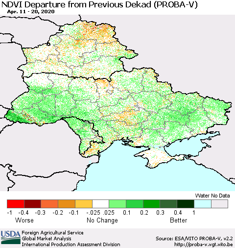 Ukraine, Moldova and Belarus NDVI Departure from Previous Dekad (PROBA-V) Thematic Map For 4/11/2020 - 4/20/2020