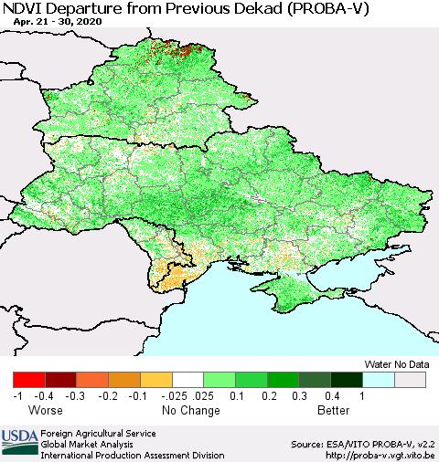 Ukraine, Moldova and Belarus NDVI Departure from Previous Dekad (PROBA-V) Thematic Map For 4/21/2020 - 4/30/2020