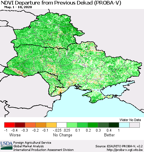 Ukraine, Moldova and Belarus NDVI Departure from Previous Dekad (PROBA-V) Thematic Map For 5/1/2020 - 5/10/2020