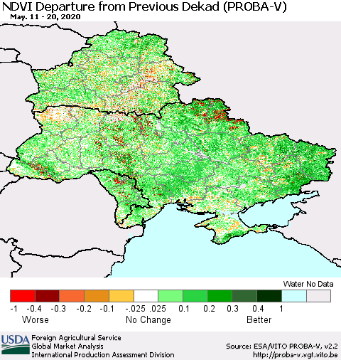 Ukraine, Moldova and Belarus NDVI Departure from Previous Dekad (PROBA-V) Thematic Map For 5/11/2020 - 5/20/2020