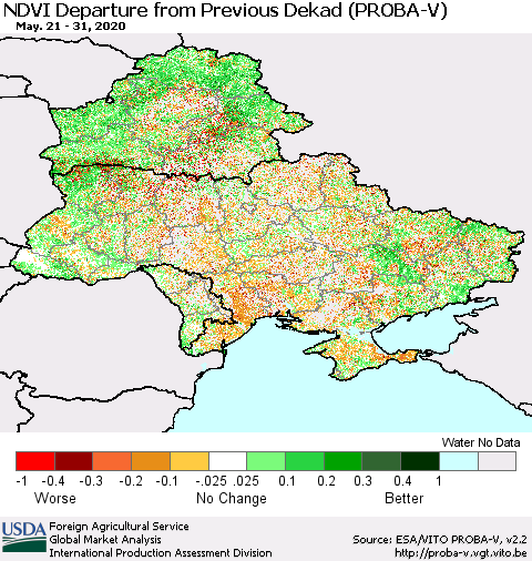 Ukraine, Moldova and Belarus NDVI Departure from Previous Dekad (PROBA-V) Thematic Map For 5/21/2020 - 5/31/2020