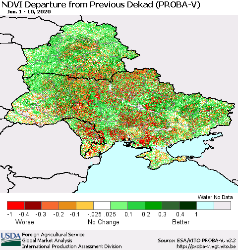 Ukraine, Moldova and Belarus NDVI Departure from Previous Dekad (PROBA-V) Thematic Map For 6/1/2020 - 6/10/2020