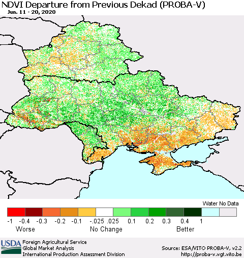 Ukraine, Moldova and Belarus NDVI Departure from Previous Dekad (PROBA-V) Thematic Map For 6/11/2020 - 6/20/2020