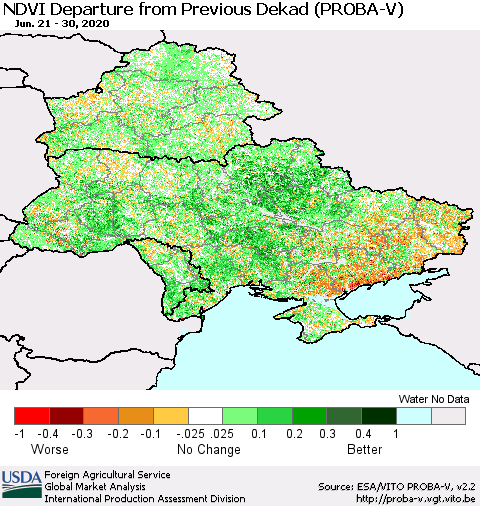 Ukraine, Moldova and Belarus NDVI Departure from Previous Dekad (PROBA-V) Thematic Map For 6/21/2020 - 6/30/2020