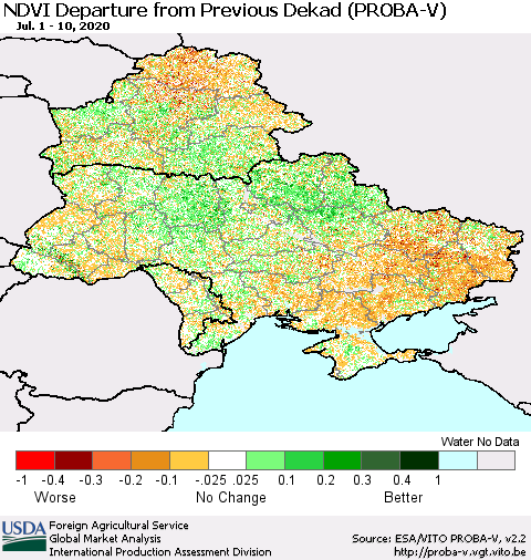 Ukraine, Moldova and Belarus NDVI Departure from Previous Dekad (PROBA-V) Thematic Map For 7/1/2020 - 7/10/2020