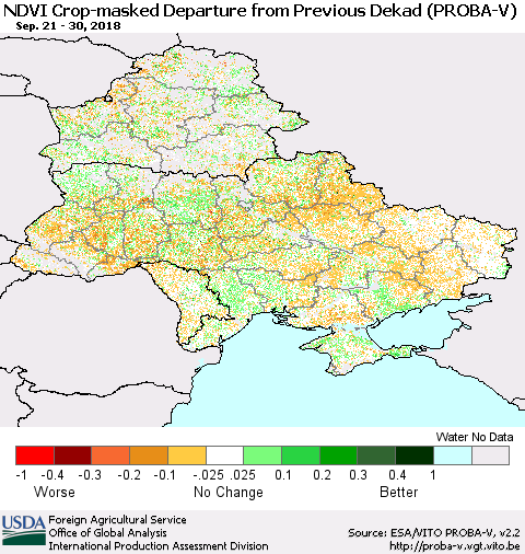 Ukraine, Moldova and Belarus NDVI Crop-masked Departure from Previous Dekad (PROBA-V) Thematic Map For 9/21/2018 - 9/30/2018