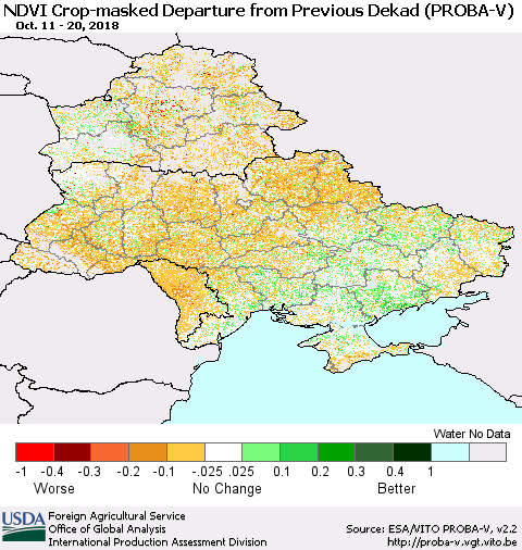 Ukraine, Moldova and Belarus NDVI Crop-masked Departure from Previous Dekad (PROBA-V) Thematic Map For 10/11/2018 - 10/20/2018