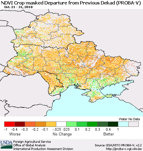 Ukraine, Moldova and Belarus NDVI Crop-masked Departure from Previous Dekad (PROBA-V) Thematic Map For 10/21/2018 - 10/31/2018