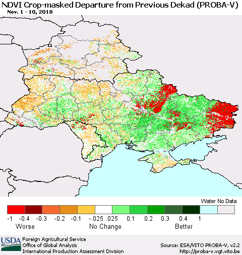 Ukraine, Moldova and Belarus NDVI Crop-masked Departure from Previous Dekad (PROBA-V) Thematic Map For 11/1/2018 - 11/10/2018
