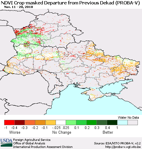 Ukraine, Moldova and Belarus NDVI Crop-masked Departure from Previous Dekad (PROBA-V) Thematic Map For 11/11/2018 - 11/20/2018