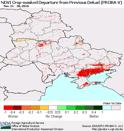 Ukraine, Moldova and Belarus NDVI Crop-masked Departure from Previous Dekad (PROBA-V) Thematic Map For 11/21/2018 - 11/30/2018