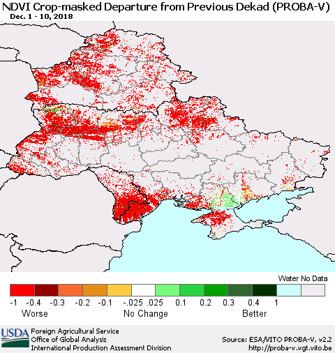 Ukraine, Moldova and Belarus NDVI Crop-masked Departure from Previous Dekad (PROBA-V) Thematic Map For 12/1/2018 - 12/10/2018