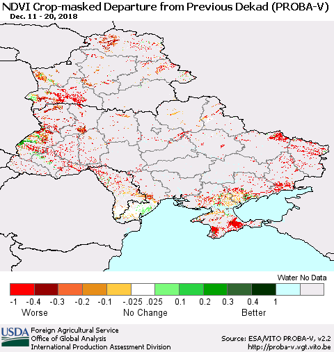Ukraine, Moldova and Belarus NDVI Crop-masked Departure from Previous Dekad (PROBA-V) Thematic Map For 12/11/2018 - 12/20/2018
