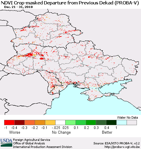 Ukraine, Moldova and Belarus NDVI Crop-masked Departure from Previous Dekad (PROBA-V) Thematic Map For 12/21/2018 - 12/31/2018