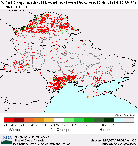 Ukraine, Moldova and Belarus NDVI Crop-masked Departure from Previous Dekad (PROBA-V) Thematic Map For 1/1/2019 - 1/10/2019