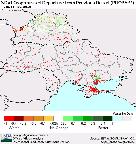 Ukraine, Moldova and Belarus NDVI Crop-masked Departure from Previous Dekad (PROBA-V) Thematic Map For 1/11/2019 - 1/20/2019