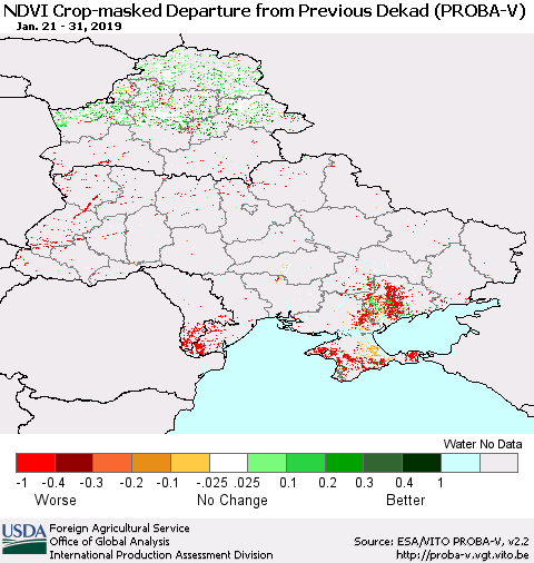 Ukraine, Moldova and Belarus NDVI Crop-masked Departure from Previous Dekad (PROBA-V) Thematic Map For 1/21/2019 - 1/31/2019