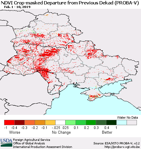 Ukraine, Moldova and Belarus NDVI Crop-masked Departure from Previous Dekad (PROBA-V) Thematic Map For 2/1/2019 - 2/10/2019