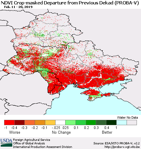 Ukraine, Moldova and Belarus NDVI Crop-masked Departure from Previous Dekad (PROBA-V) Thematic Map For 2/11/2019 - 2/20/2019
