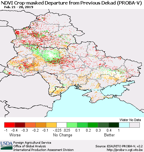 Ukraine, Moldova and Belarus NDVI Crop-masked Departure from Previous Dekad (PROBA-V) Thematic Map For 2/21/2019 - 2/28/2019