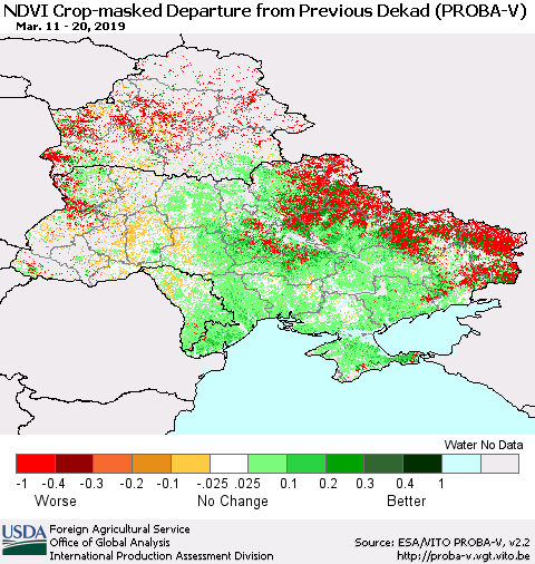 Ukraine, Moldova and Belarus NDVI Crop-masked Departure from Previous Dekad (PROBA-V) Thematic Map For 3/11/2019 - 3/20/2019