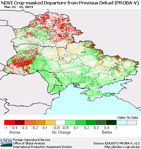 Ukraine, Moldova and Belarus NDVI Crop-masked Departure from Previous Dekad (PROBA-V) Thematic Map For 3/21/2019 - 3/31/2019