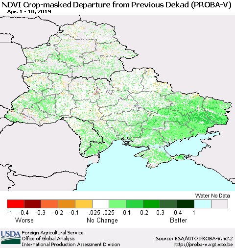 Ukraine, Moldova and Belarus NDVI Crop-masked Departure from Previous Dekad (PROBA-V) Thematic Map For 4/1/2019 - 4/10/2019
