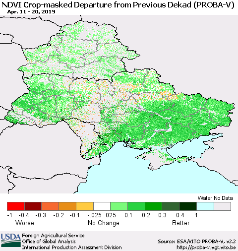 Ukraine, Moldova and Belarus NDVI Crop-masked Departure from Previous Dekad (PROBA-V) Thematic Map For 4/11/2019 - 4/20/2019