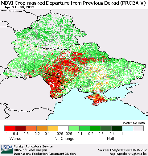 Ukraine, Moldova and Belarus NDVI Crop-masked Departure from Previous Dekad (PROBA-V) Thematic Map For 4/21/2019 - 4/30/2019