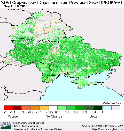 Ukraine, Moldova and Belarus NDVI Crop-masked Departure from Previous Dekad (PROBA-V) Thematic Map For 5/1/2019 - 5/10/2019