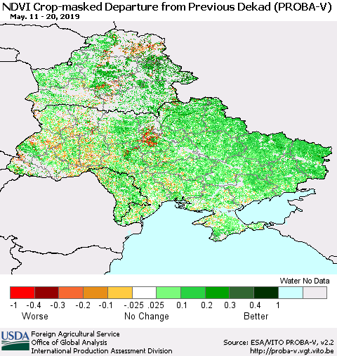 Ukraine, Moldova and Belarus NDVI Crop-masked Departure from Previous Dekad (PROBA-V) Thematic Map For 5/11/2019 - 5/20/2019