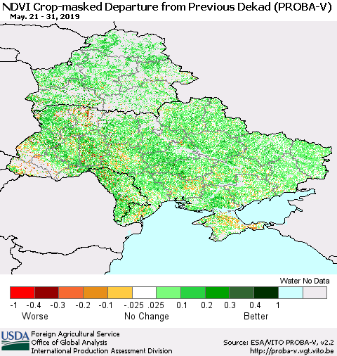 Ukraine, Moldova and Belarus NDVI Crop-masked Departure from Previous Dekad (PROBA-V) Thematic Map For 5/21/2019 - 5/31/2019