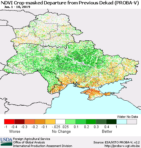 Ukraine, Moldova and Belarus NDVI Crop-masked Departure from Previous Dekad (PROBA-V) Thematic Map For 6/1/2019 - 6/10/2019