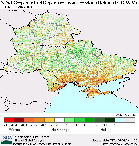 Ukraine, Moldova and Belarus NDVI Crop-masked Departure from Previous Dekad (PROBA-V) Thematic Map For 6/11/2019 - 6/20/2019